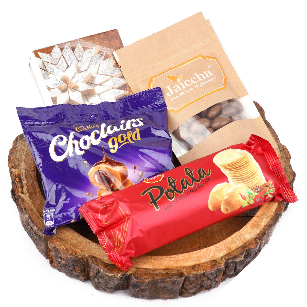 Mothers Day Gifts-Log Platter of Kaju Katli, Chocolate Coated Almonds, Chocolairs and Potata Biscuits