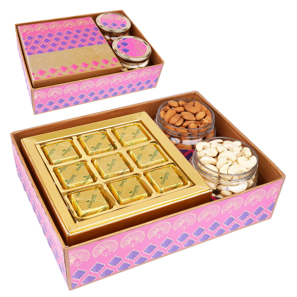 Mothers Day Gifts-Pink Green Box of Mewa Bites, Almonds and Cashews