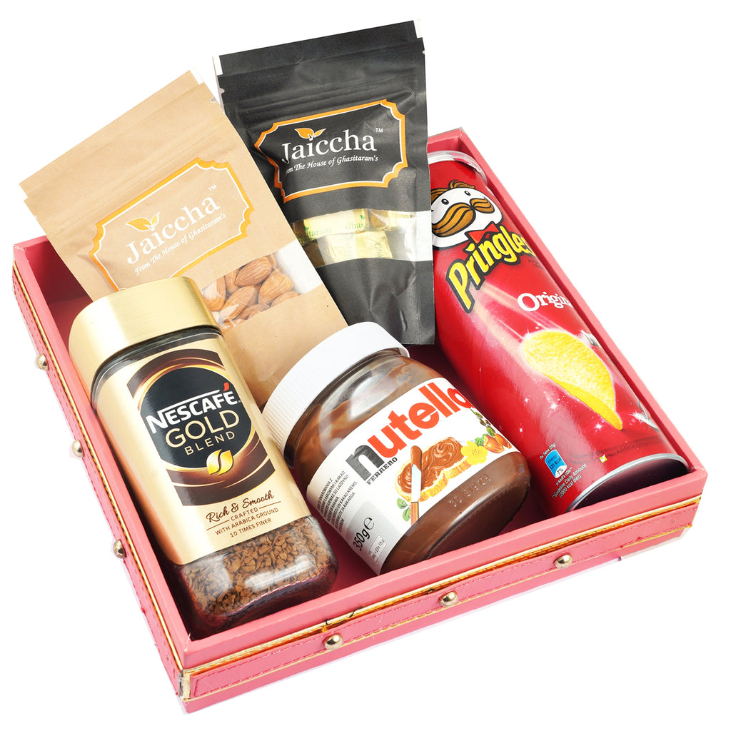 Mothers Day Gifts-Pink Square tray of Almonds, Mewa bites, Coffee, Nutella, Pringles