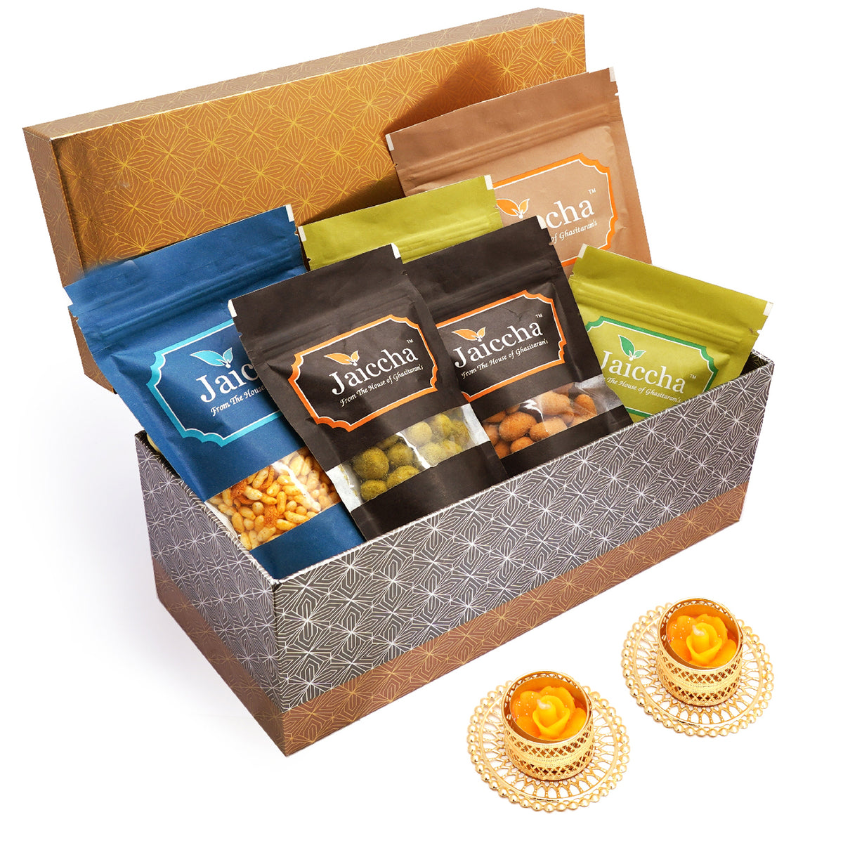 Mothers Day Gifts-Rectangle box of Badang Bhel, Butter Chakli Sticks, Chocolate Coated Butterscotch, Chocolate Coated Raisins, Crunchy Coated Cashews and Crunchy Coated Peanuts with T-lites