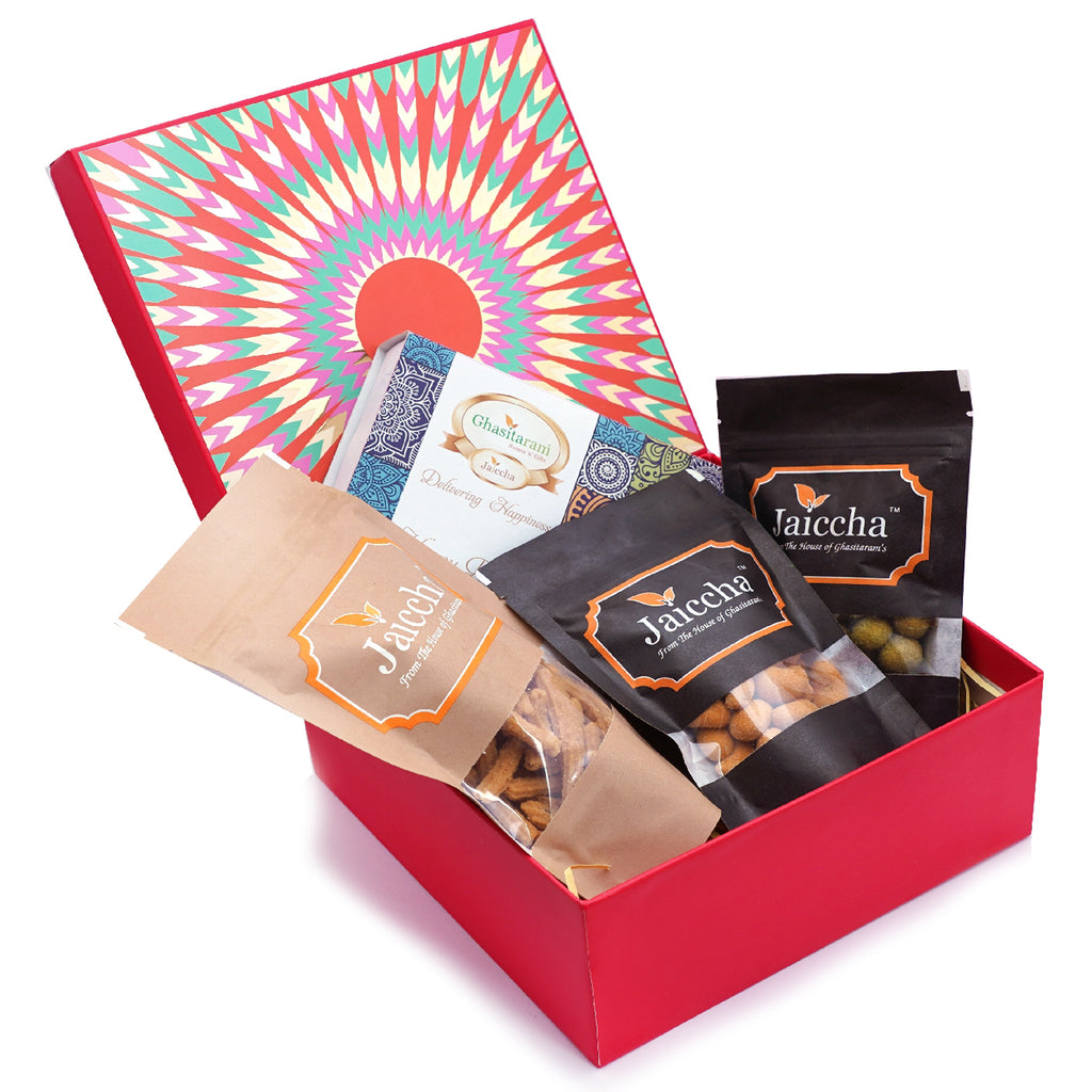 Mothers Day Gifts-Red hamper box of Assorted bites, Crunchy Coated Cashews, Crunchy Coated Peanuts, Butter Chakli Sticks