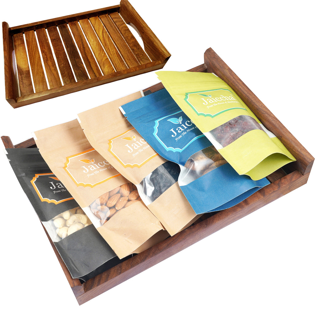 Mothers Day Gifts-Striped Big Wooden Tray of Almonds, Cashews, Cranberry, Blueberry and Figs