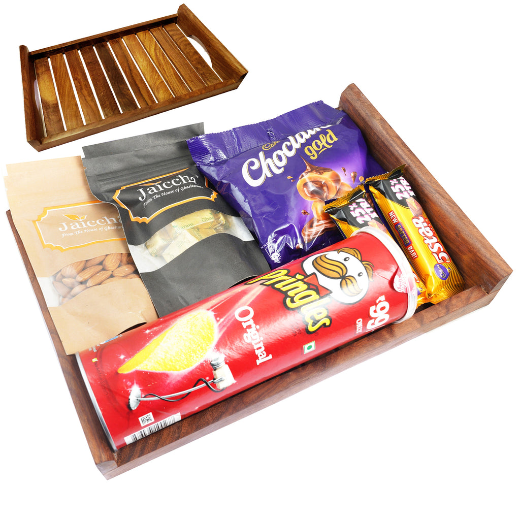 Mothers Day Gifts-Striped Big Wooden Tray of Almonds, Mewa Bites, Ecalairs and Pringles.