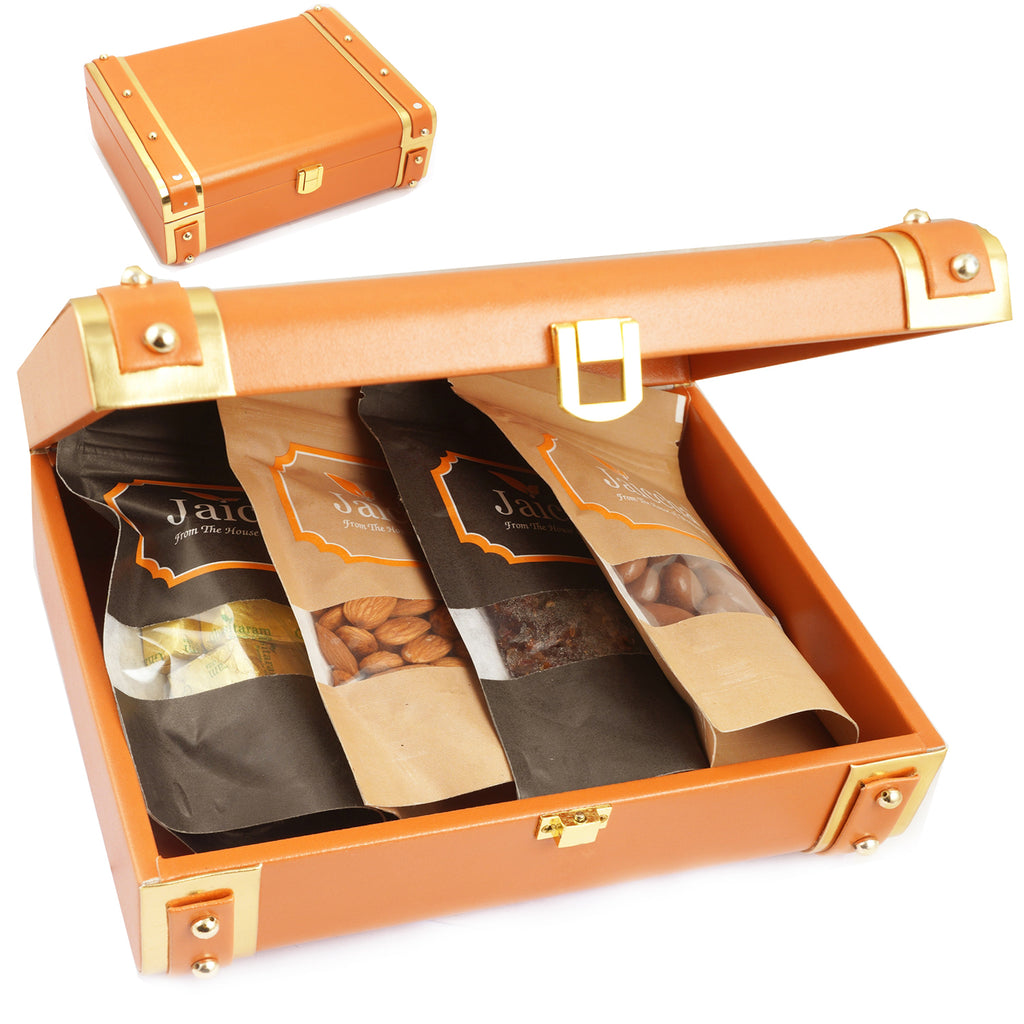 Mothers Day Gifts-Orange Trunk Box of Almonds, Mewa Bites, Banarsi Paan and Chocolate Coated Almonds