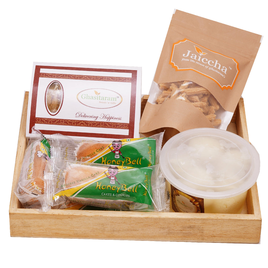 Mothers Day Gifts-Wooden Basket of Gujiyas, Butter Chakli, Rasgulla and Cake