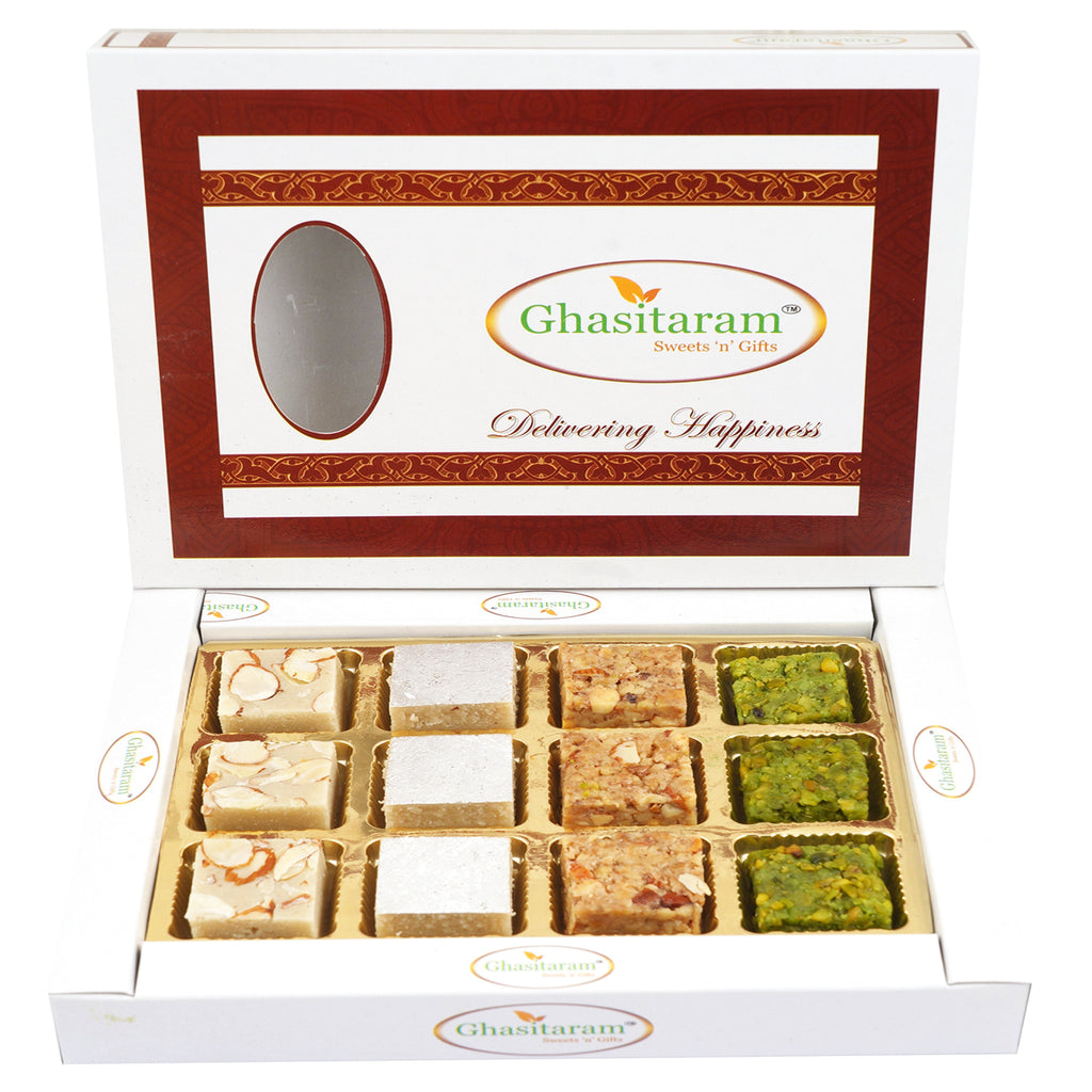 Mothers Day Sweets-Assortment of Pure Kaju Badam Pista and Walnut Barfis 12 pcs