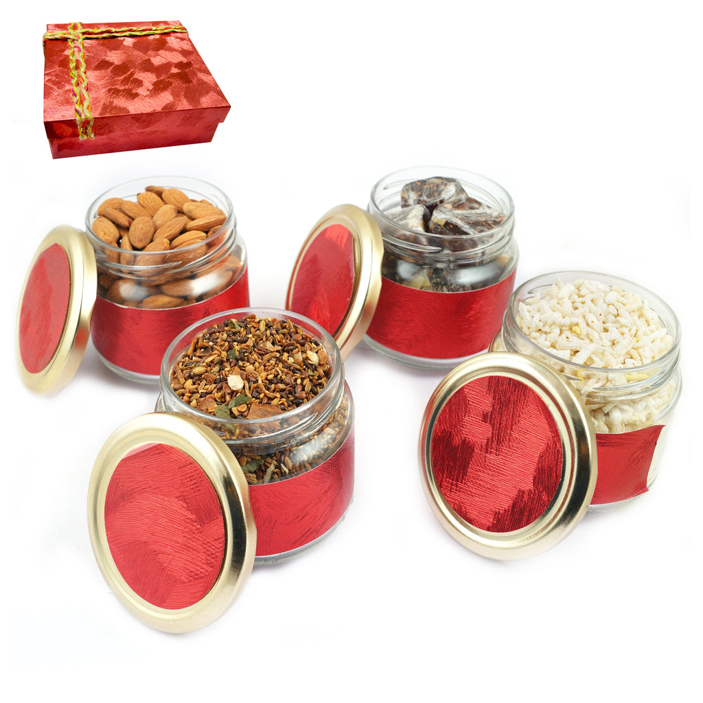 Mother's Day Gift-Red 4 Jars box of Sugarfree Bites, Diet Chiwda, Almonds and Herbal Mukhwas