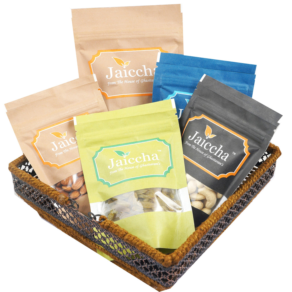 Mothers Day Gifts-Square basket of Almonds, Raisins, Cashews, Pista and Butter Chakli