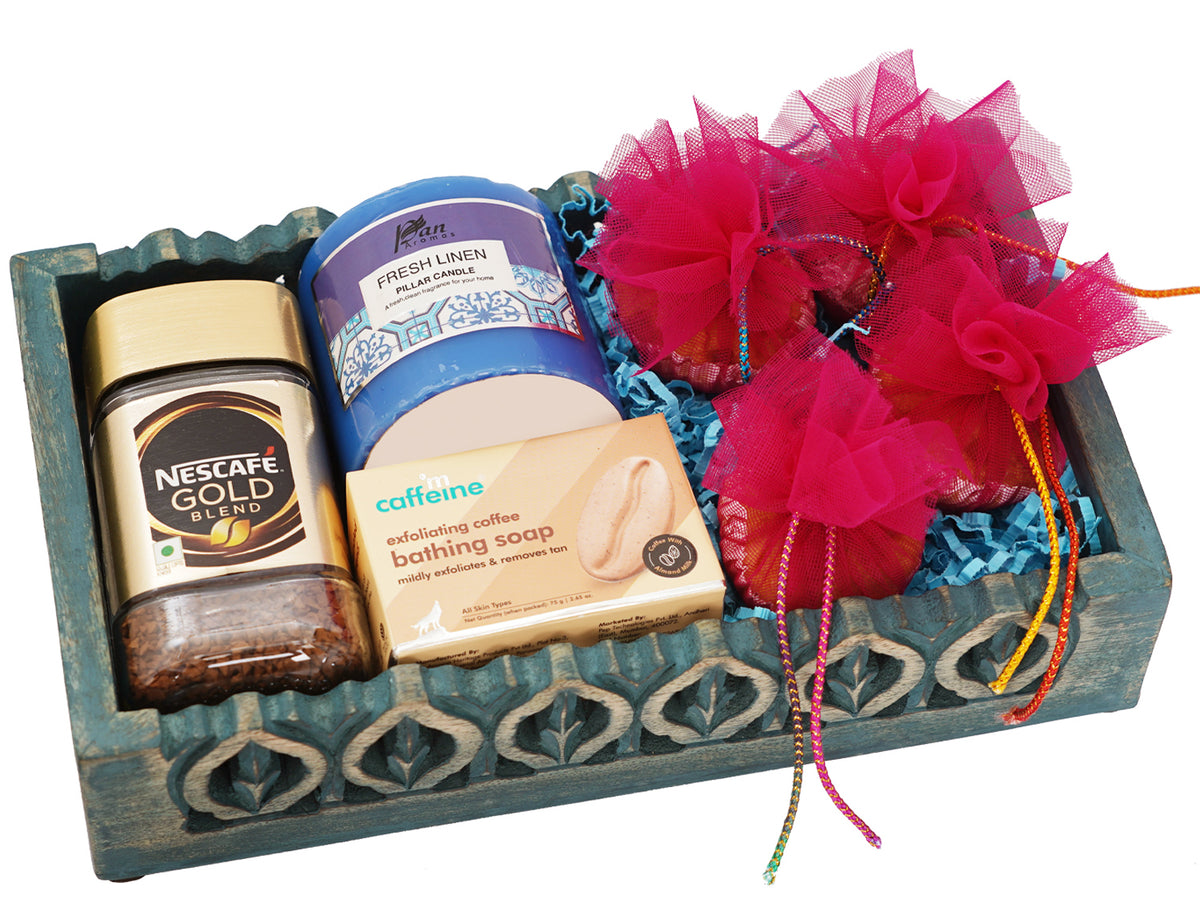 Mothers Day-Blue Wooden Tray of Coffee, Candle, Soap and 4 Cupcakes