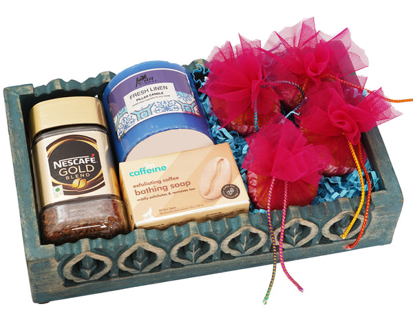 Mothers Day-Blue Wooden Tray of Coffee, Candle, Soap and 4 Cupcakes