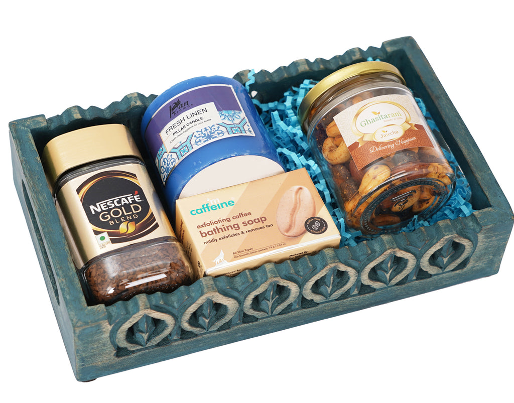 Mothers Day-Blue Wooden Tray of Coffee, Candle, Soap and Dryfruit Jar