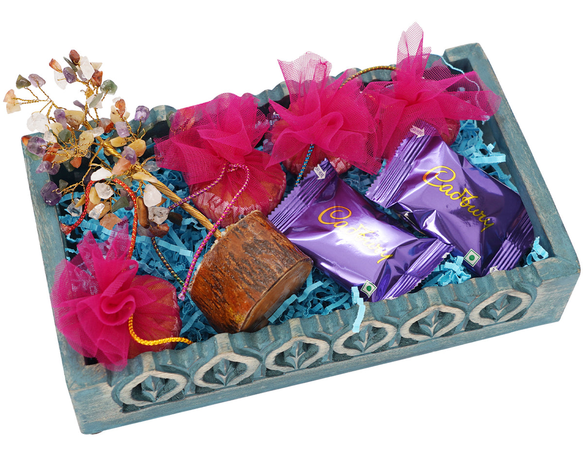 Mothers Day-Blue Wooden Tray of Goodluck Tree, 4 Cupcakes, and 2 Cookies