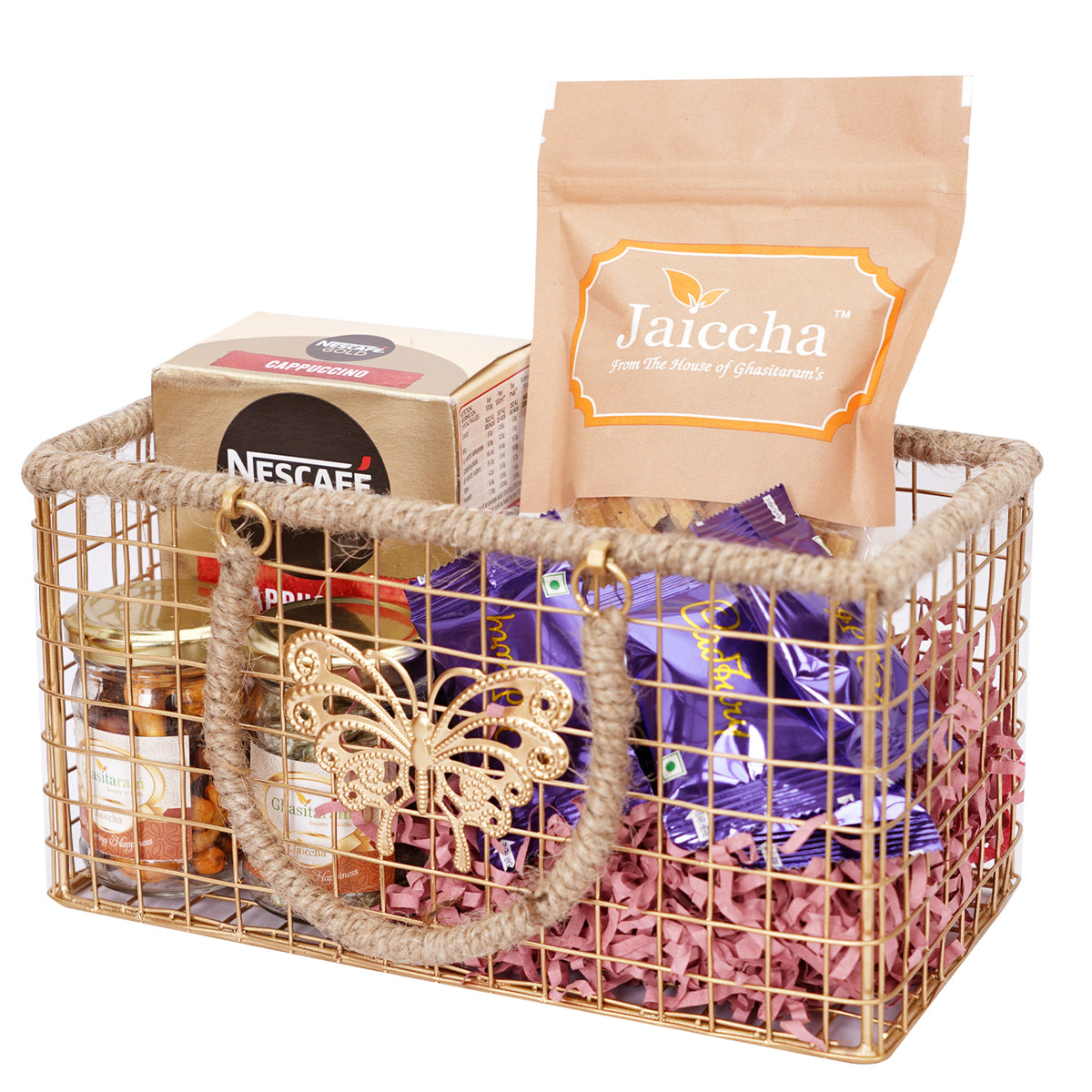 Mothers Day-Jute Metal Rectangle basket of Cappuccino, Dryfruit, Paan Raisins Jars, Chakli and Cookies