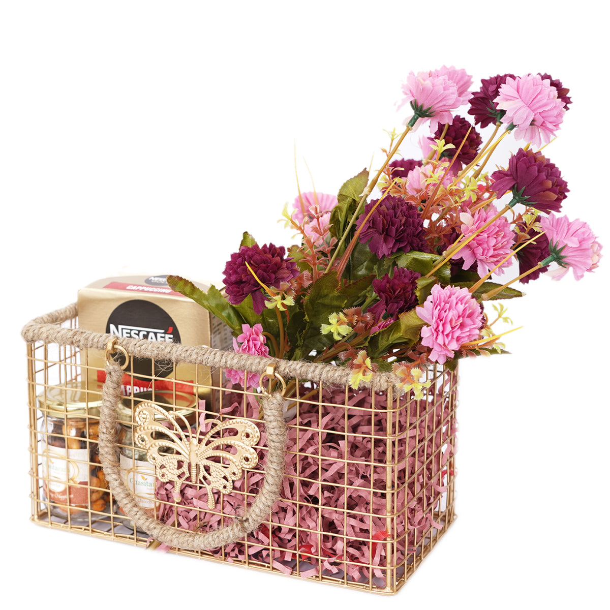 Mothers Day-Jute Rectangle Basket of Flowers, Cappuccino, Dryfruit and Paan Raisins Jars