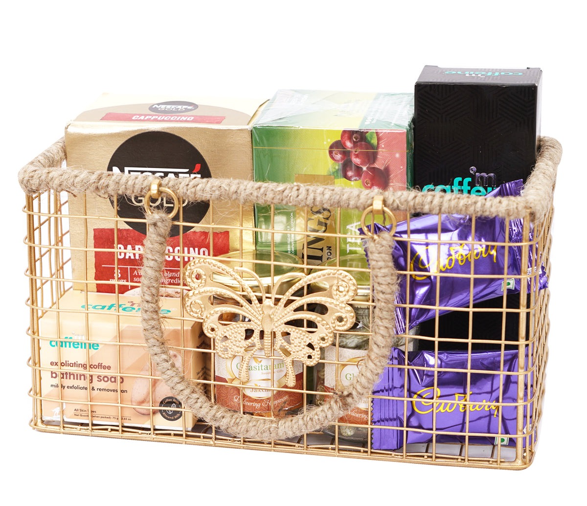 Mothers Day-Jute Metal Rectangle Basket of Cappuccino,Tea, Soap, dryfruit, Paan Raisins Jars, Face Scrub and Cookies
