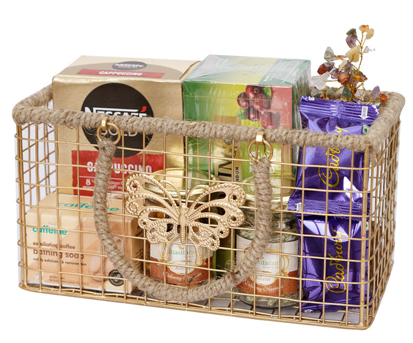 Mothers Day-Jute Metal Rectangle Basket of Cappuccino,Tea, Soap, dryfruit, Paan Raisins Jars, Goodluck Tree and Cookies