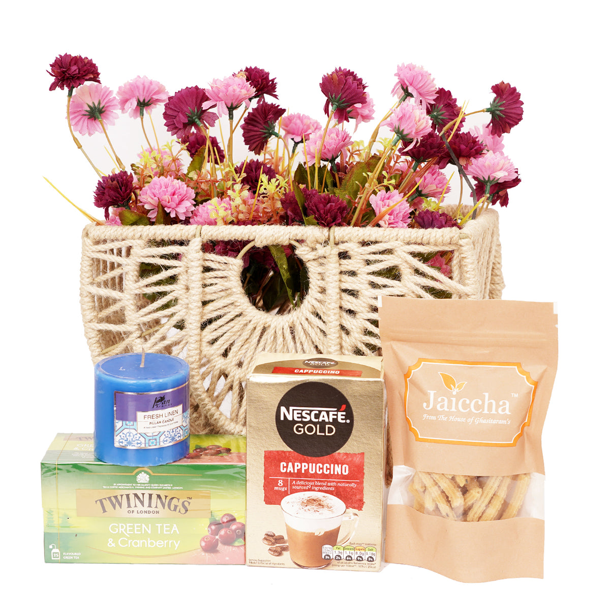 Mothers Day-Jute Basket/ Magazine Holder of flowers, tea, cappuccino, butter chakli and candle