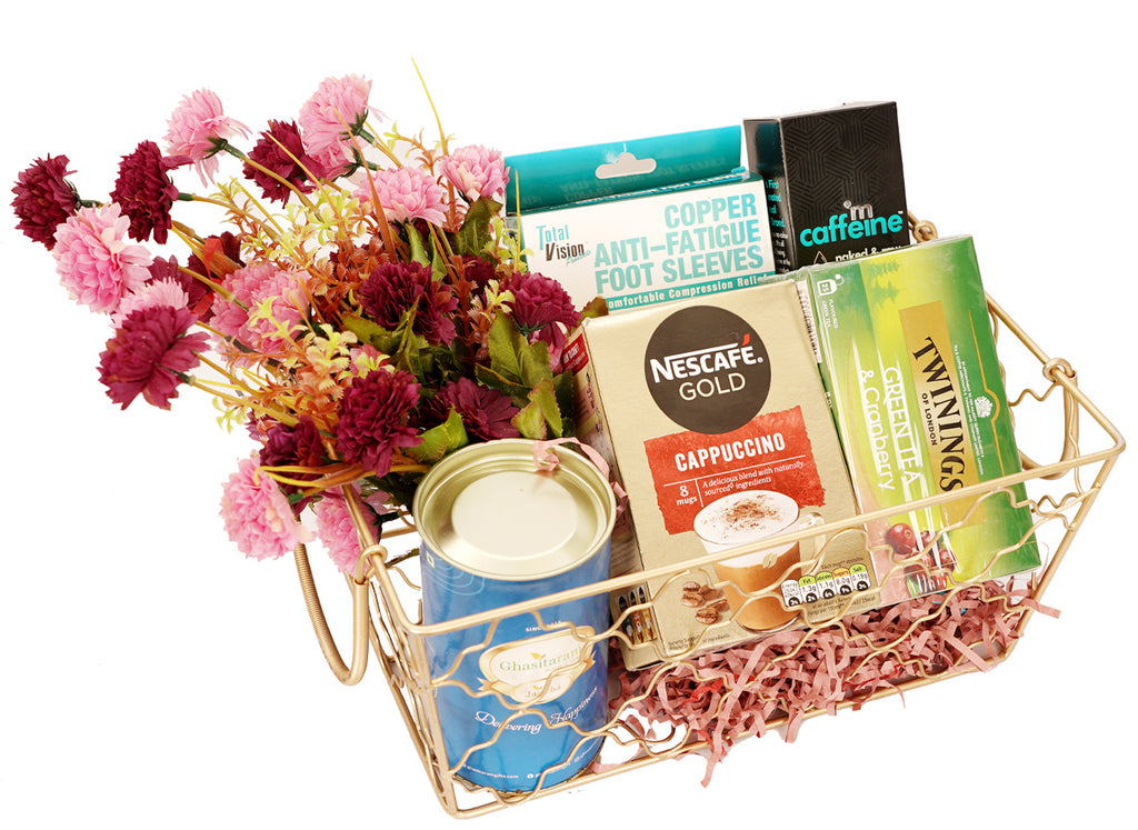 Mothers Day-Designer Metal Basket of Flowers, Socks, Cappuccino, tea, Face Scrub, and Dryfruit Can