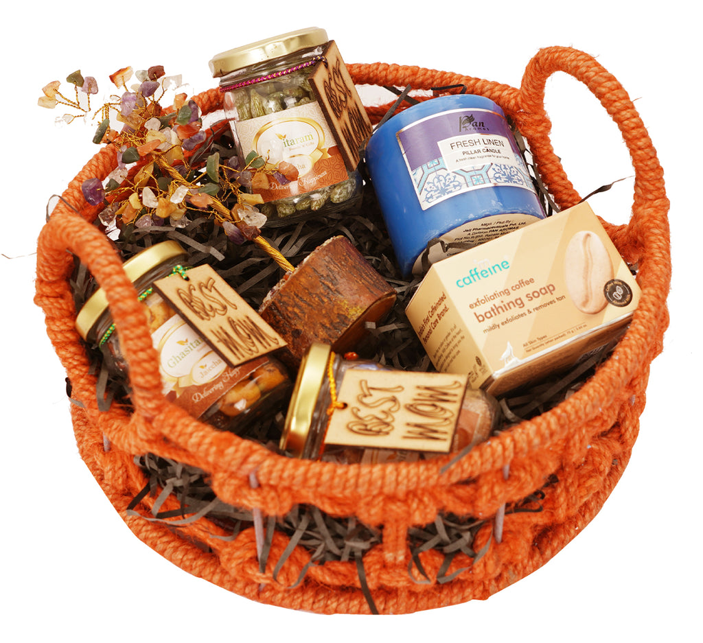 Mothers Day-Orange Jute Basket of Goodluck Tree, Candle, Soap and Caramel Almonds, Paan Raisins, Dryfruit Jars with tags