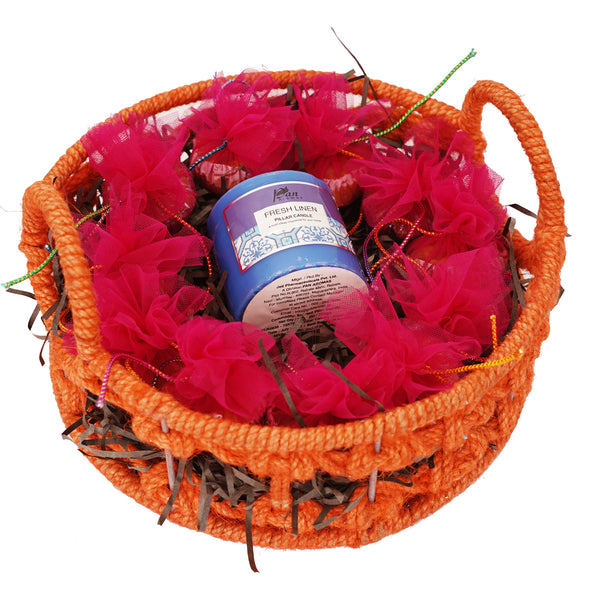 Mothers Day-Orange Jute Basket of 12 cup cakes, and a candle