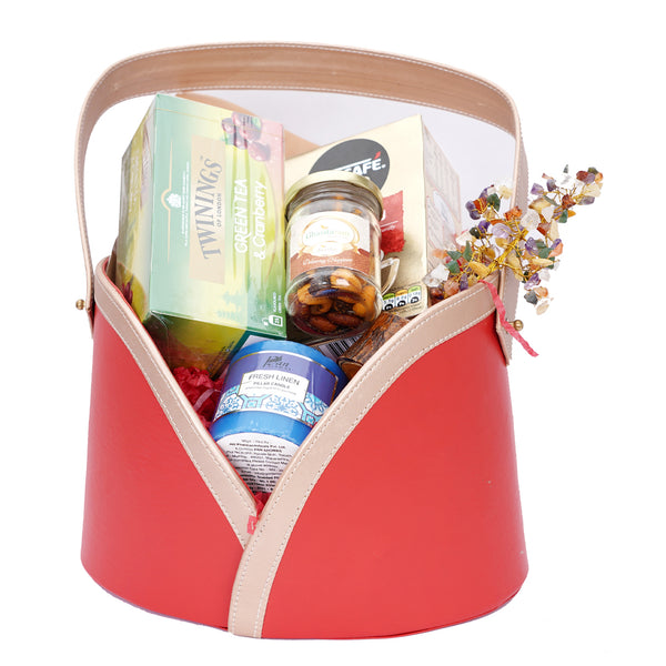 Mothers Day-Red Basket of Goodluck Tree, Cappuccino, Tea, Candle, butter chakli and Dryfruits Jar
