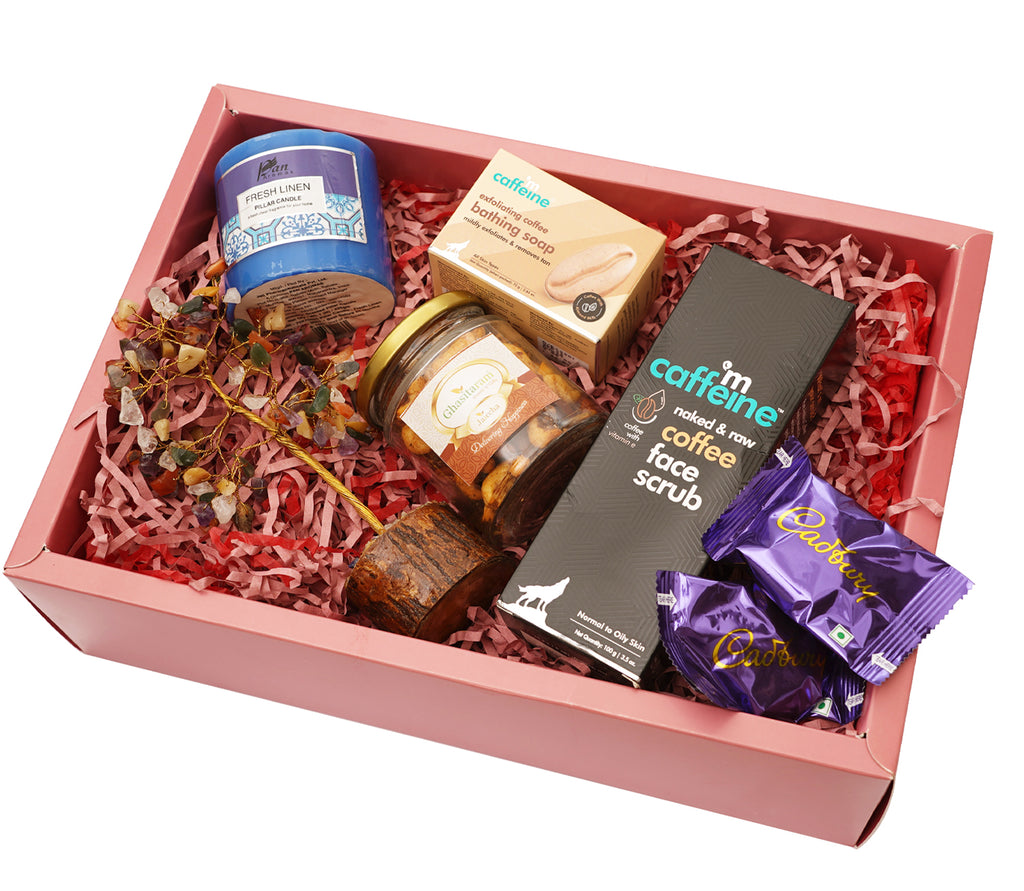 Mothers Day-Rust Hamper Box of Face Scrub, Soap, Candle, Goodluck Tree, Dryfruit Jar and Cookies