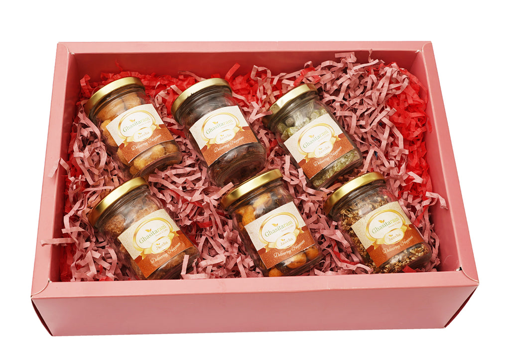 Mothers Day-Rust Hamper Box of 6 jars of Caramel Almonds, Mixed Dryfruits, Paan Raisins, Mukhwas, Coated Cashews and Cranberry