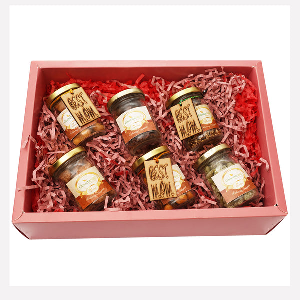Mothers Day-Rust Hamper Box of 6 jars of Caramel Almonds, Mixed Dryfruits, Paan Raisins, Mukhwas, Coated Cashews and Cranberry with Tags