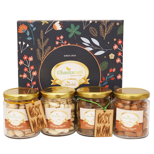 Mothers Day-Ghasitaram Hamper Box of 4 dryfruit jars with Tags