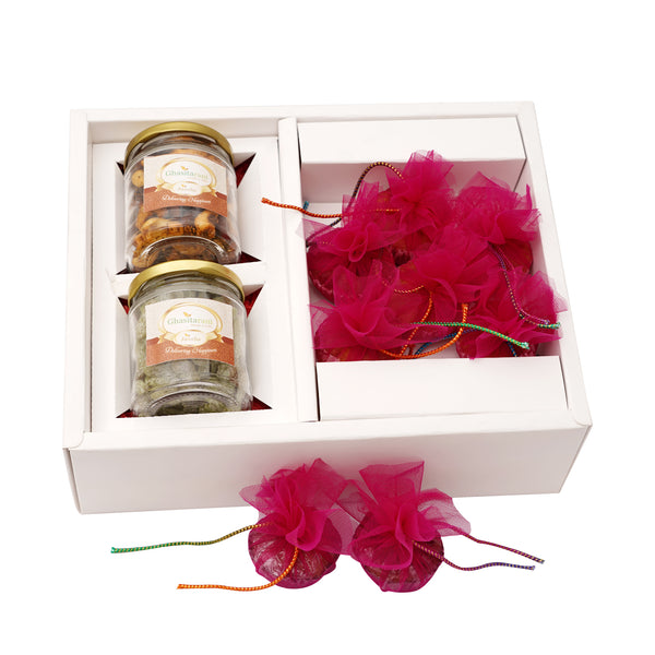 Mothers Day-White Box of Cakes, Mixed Dryfruit, Paan Raisins Jar