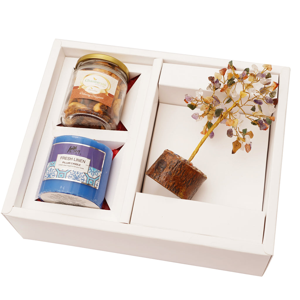 Mothers Day-White Box of Goodluck Tree, Mixed Dryfruit, Candle