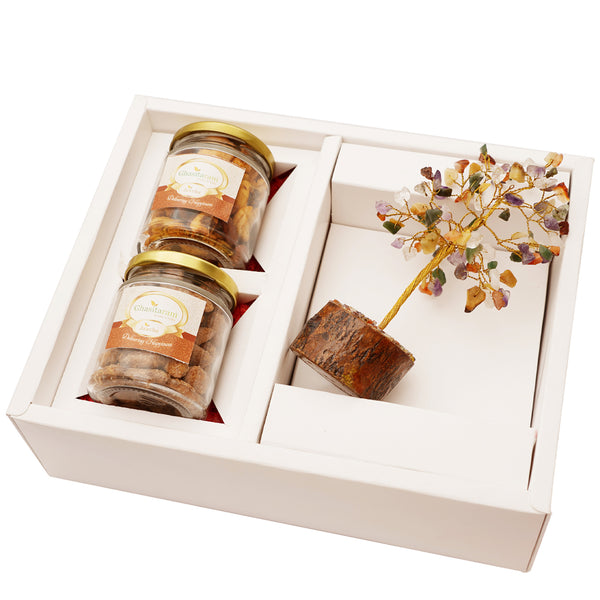 Mothers Day-White Box of Goodluck Tree, Mixed Dryfruit, Caramel Almonds
