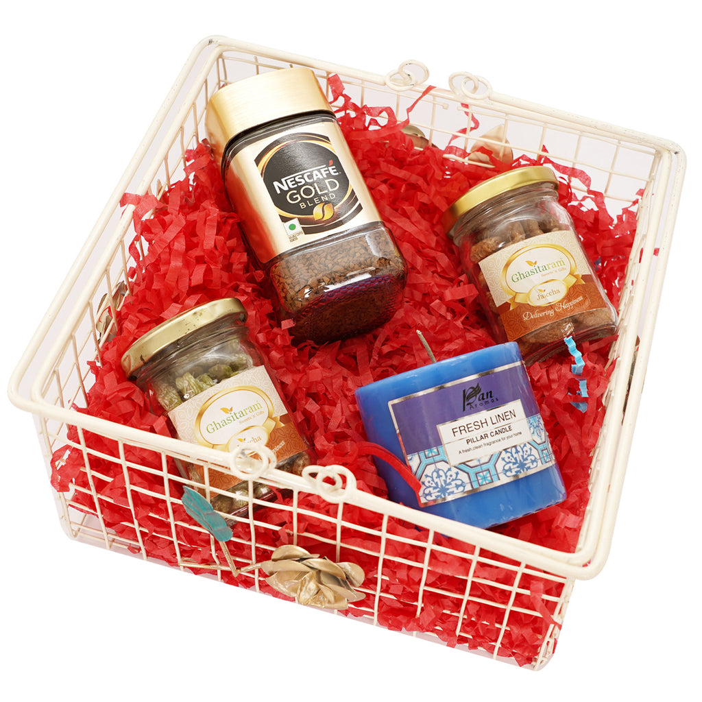 Mothers Day-White Metal Basket of Coffee, Candle,Caramel Almonds and Paan Raisins Jars
