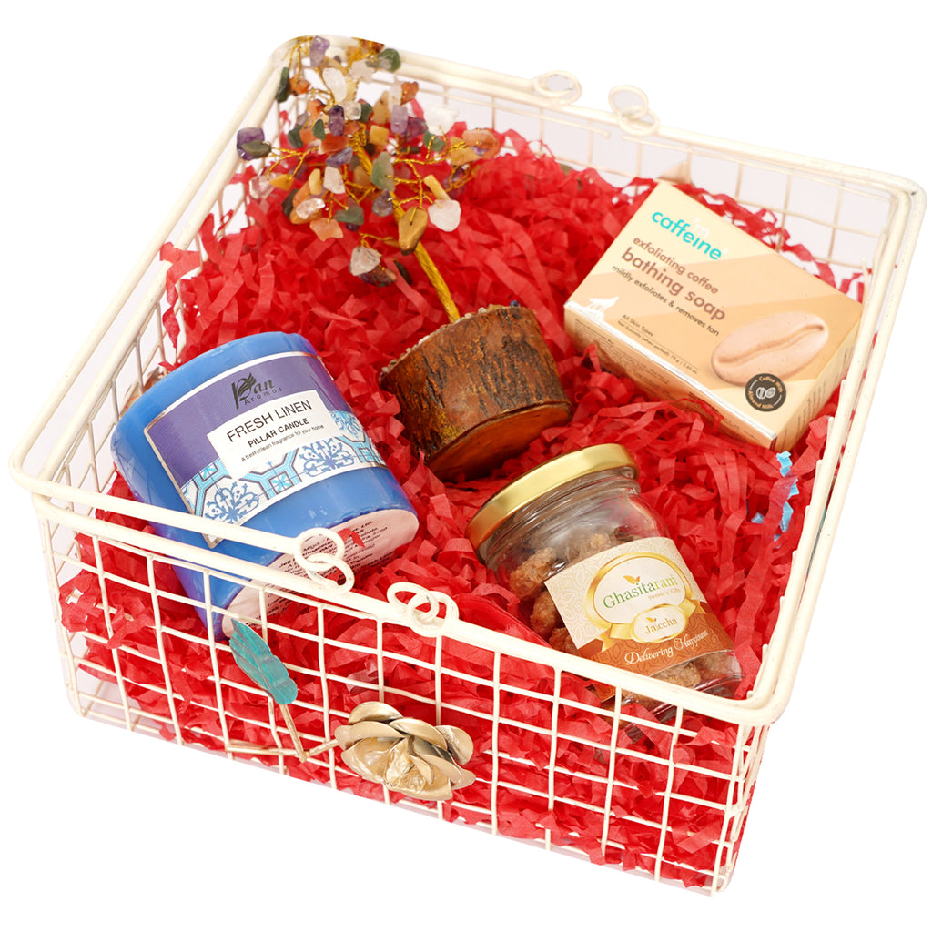 Mothers Day-White Metal Basket of Goodluck Tree, Soap, Candle, Caramel Almonds Jar