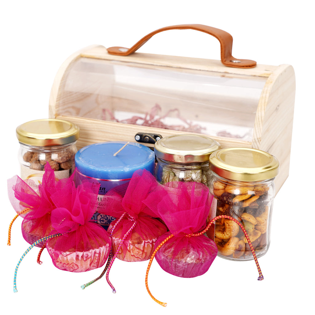 Mothers Day-Wooden Acrylic Trunk Box of Candle, Paan Raisins,Dryfruits, Caramel Almonds Jars and cupcakes