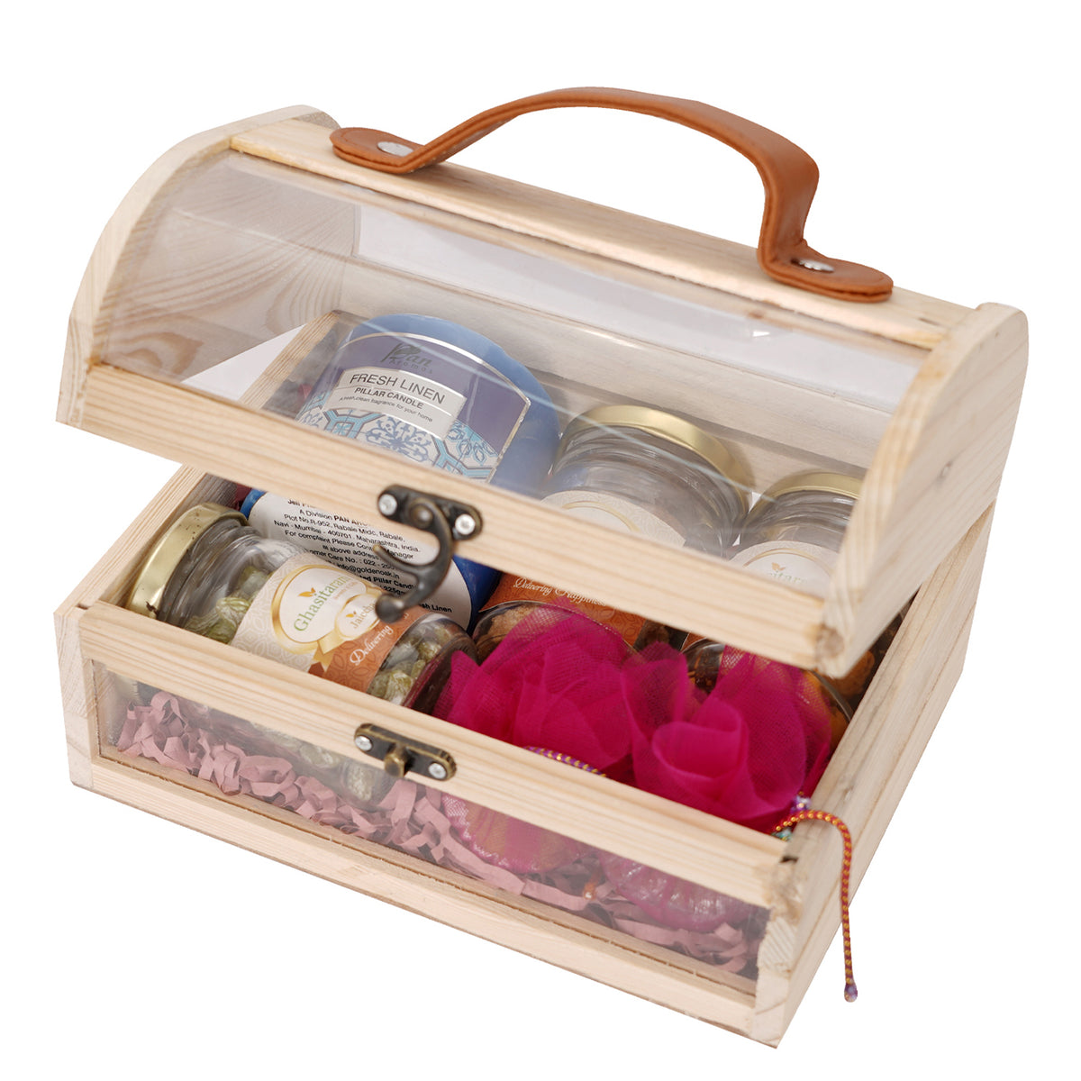 Mothers Day-Wooden Acrylic Trunk Box of Candle, Paan Raisins,Dryfruits, Caramel Almonds Jars and cupcakes