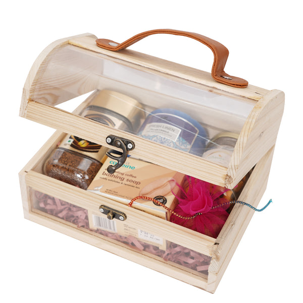 Mothers Day-Wooden Acrylic Trunk Box of Candle,Dryfruit Jar, Coffee, Soap and Cupcake
