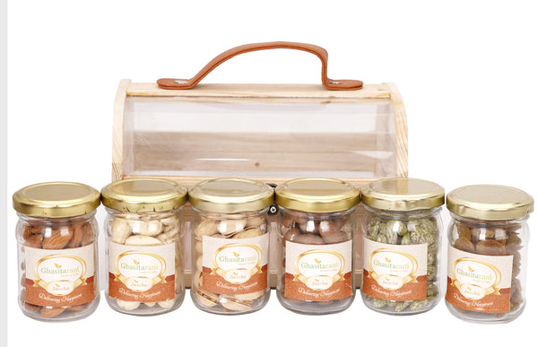 Mothers Day-Wooden Acrylic Trunk Box of 6 Dryfruit Jars 