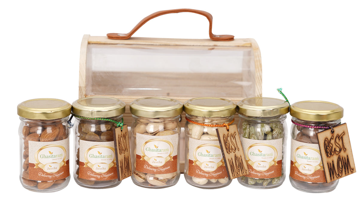 Mothers Day-Wooden Acrylic Trunk Box of 6 Dryfruit Jars with Tags
