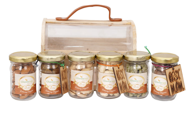 Mothers Day-Wooden Acrylic Trunk Box of 6 Dryfruit Jars with Tags
