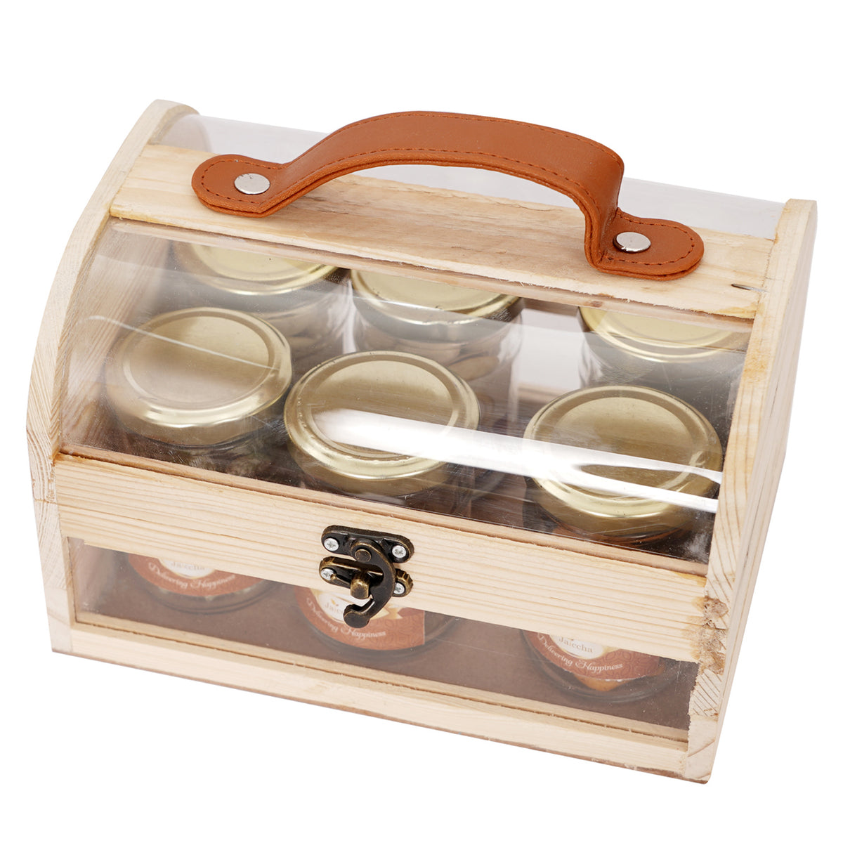 Mothers Day-Wooden Acrylic Trunk Box of 6 Dryfruit Jars with Tags