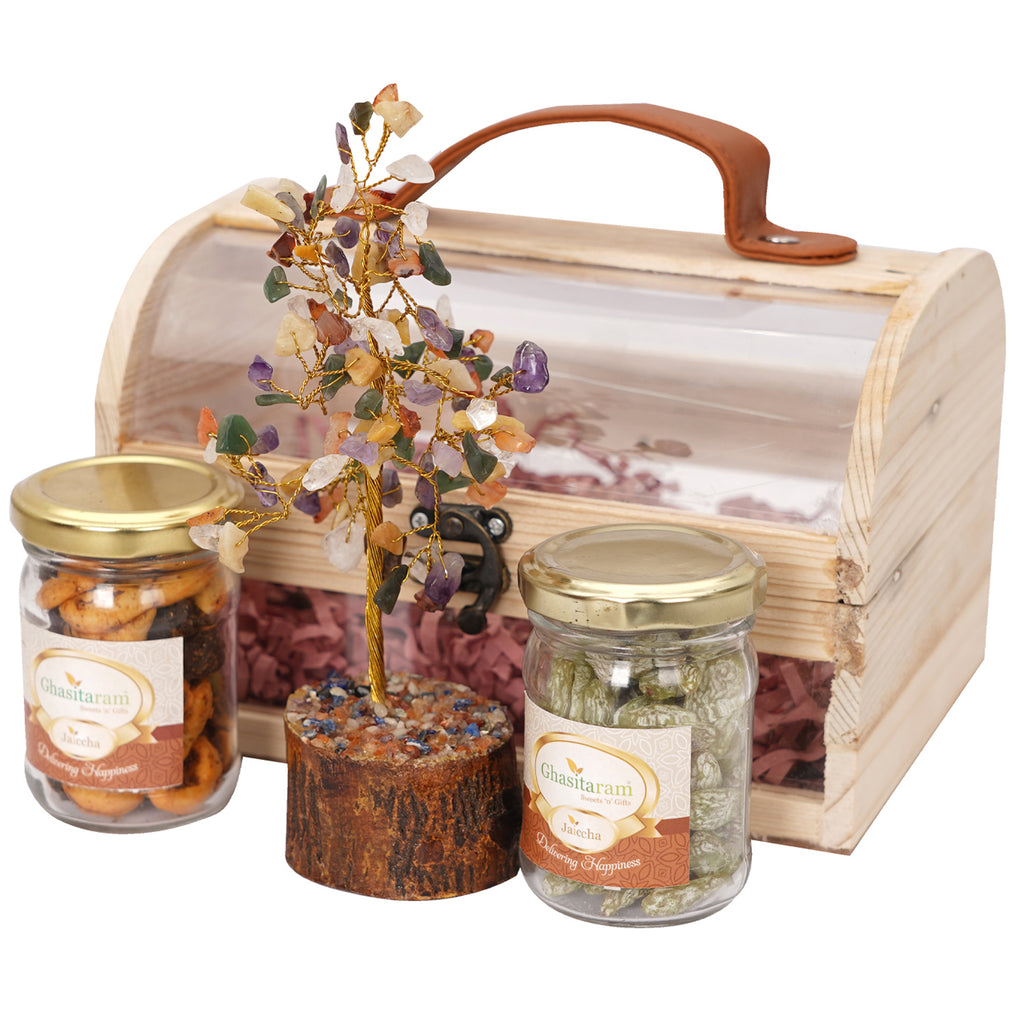 Mothers Day-Wooden Acrylic Trunk Box of Goodluck Tree, Paan Raisins and Mix Dryfruit Jars