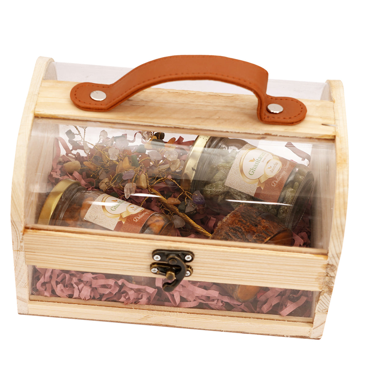 Mothers Day-Wooden Acrylic Trunk Box of Goodluck Tree, Paan Raisins and Mix Dryfruit Jars
