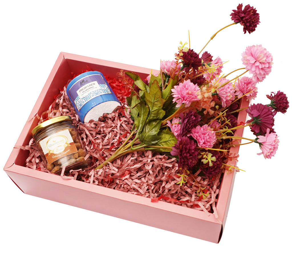 Mothers Day-Rust Hamper Box of Flowers,Candle and Caramel Almonds Jar