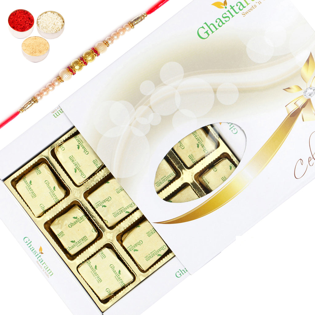Ghasitarams Chocolates Assorted Chocolates 12 pcs White Box with Pearl Rakhi