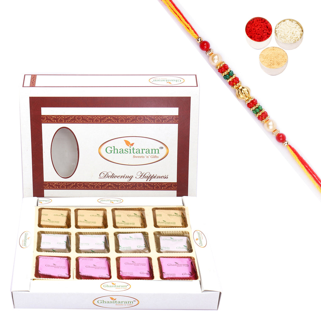Rakhi Gifts Sweets-Ghasitaram Assorted Mewa bite Box (12 pcs) with Beads Rakhi
