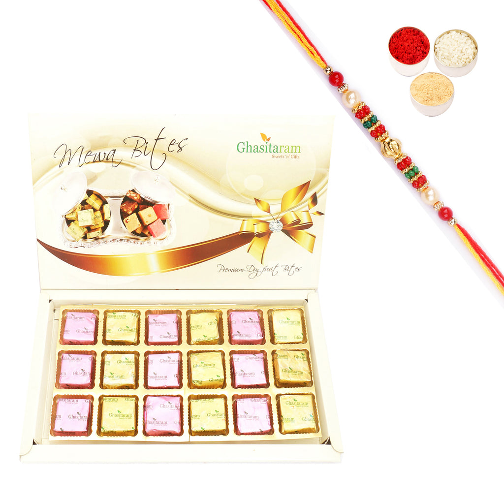 Rakhi Gifts Sweets-Ghasitaram Assorted Mewa bite Box with Beads Rakhi