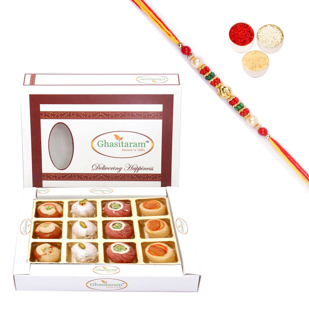 Assorted  Sweets in White Box with Beads Rakhi