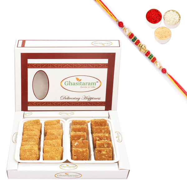 Besan Barfi and Methi Mathri Hamper with Pearl Beads Rakhi