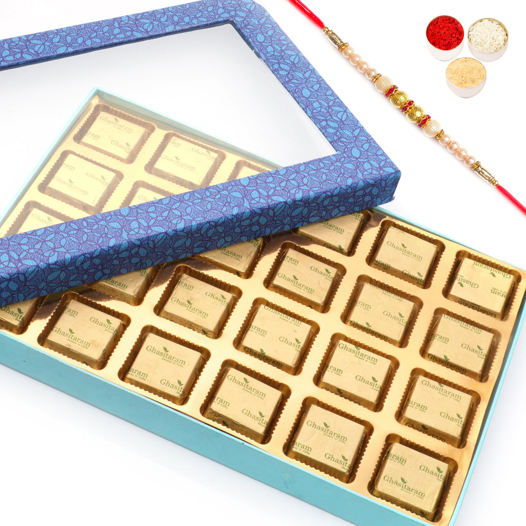 Blue Window 24 Cavity Assorted Chocolate box with Pearl Rakhi